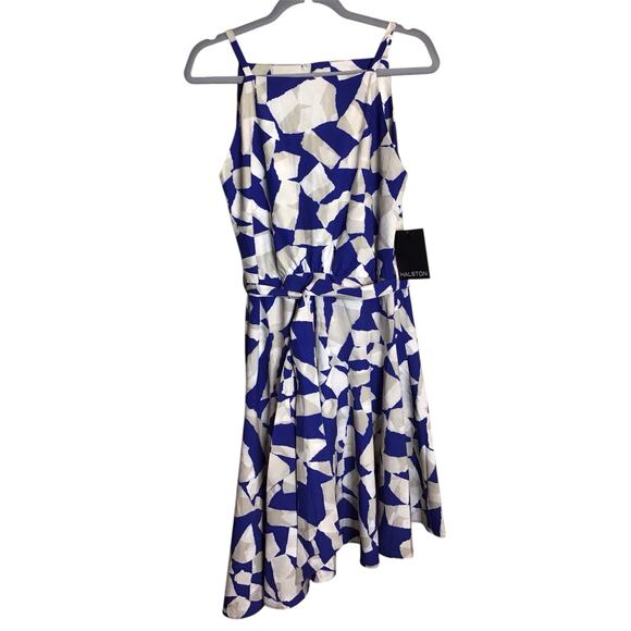 Halston Women  Sleeveless Printed Dress With Angled Hem Sz. Sm NWT Blue Designer - Picture 1 of 8